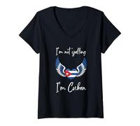 Womens I'm not Yelling I'm Cuban Heart with Angel Wings Cuban Flag V-Neck T-Shirt