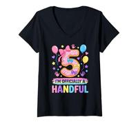 Women's I'm Officially 5 A Handful Tie Dye 5th Birthday V-Neck T-Shirt