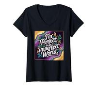Womens I'm Perfect in an Imperfect World, Bold Affirmation Typogra V-Neck T-Shirt
