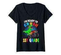 Womens I'm Ready to Crush 1st Grade Dinosaur Back to School V-Neck T-Shirt