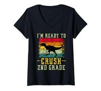 Women's I'm Ready to Crush 2nd Grade T Rex Dinosaur Back to School V-Neck T-Shirt