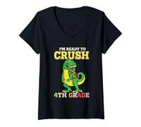Women's I'm Ready to Crush 4th Grade Fourth Funny Dinosaur Student V-Neck T-Shirt