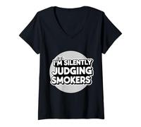 Womens I'm Silently Judging Smokers Anti Smoking Cigarette Funny V-Neck T-Shirt
