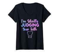 Womens Im Silently Judging Your Teeth Dental Hygienist Funny Doctor V-Neck T-Shirt