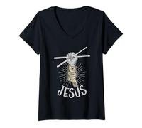 Women's I'm Sticking with Jesus Christ Drummer Drum Set Drum Sticks V-Neck T-Shirt