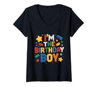 Womens Im The Birthday Boy Building Bricks Family Party Decorations V-Neck T-Shirt
