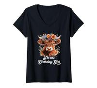 Womens I'm The Birthday Girl Highland Cow 1St Birthday Party V-Neck T-Shirt