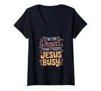 Women's I'm The Project That Keeps Jesus Busy Funny Christian V-Neck T-Shirt