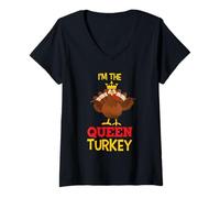 Womens I'm The Queen Turkey Thanhksgiving Thankful for Family V-Neck T-Shirt