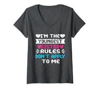 Women's I'm The Youngest Sister Rules Don't Apply to Me for Sisters V-Neck T-Shirt, Dark Heather Grey, X-Large
