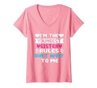 Women's I'm The Youngest Sister Rules Don't Apply to Me for Sisters V-Neck T-Shirt, Pink, Medium