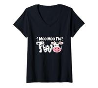Womens I'm Two 2nd Birthday Cow Farm Theme Party 2 Year Old Toddler V-Neck T-Shirt