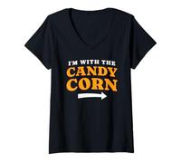 Womens I'm with Candy Corn Costume Funny Halloween Matching Couples V-Neck T-Shirt