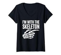 Womens I'm with Skeleton Halloween Costume Couples Matching Gifts V-Neck T-Shirt