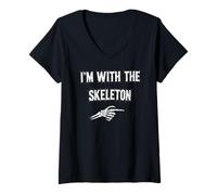 Womens I'm with Skeleton Halloween Costume Couples Matching Gifts V-Neck T-Shirt