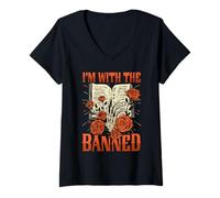 Women's I'm with The Banned Books Cat Book Lover Bookworm Librarian V-Neck T-Shirt