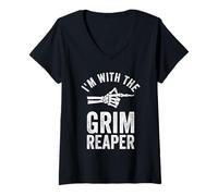 Womens I'm with The Grim Reaper Funny Halloween Couple Costume V-Neck T-Shirt