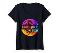Womens Imagine Fantasy Dragon Retro Tribal V-Neck T-Shirt
