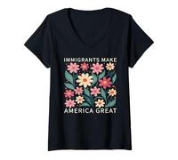 Women's Immigrants Make America Great Wild Floral Flowers Boho V-Neck T-Shirt