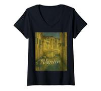 Womens Impressionist Venice Canal Night Scene Bridge Gondolas V-Neck T-Shirt