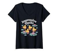 Women's Impressive Ducks Four Yellow Ducklings Pond Life Lilies V-Neck T-Shirt