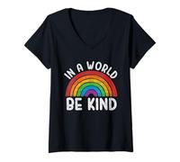 Womens In A World Be Kind Retro Gay Pride LGBT Queer Pride Rainbow V-Neck T-Shirt