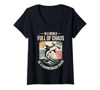 Womens in A World Full of Chaos Be A Hammerhead Shark Funny V-Neck T-Shirt