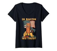 Womens In Bacon We Trust Patriotic Saluting Bacon USA Flag Funny V-Neck T-Shirt
