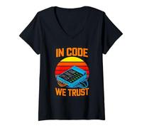 Women's in Code We Trust Retro Programmer Sunset Coder V-Neck T-Shirt