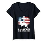 Womens in God We Trust My Dog Watches My Six Christian Patriot V-Neck T-Shirt