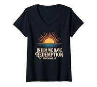 Womens In Him We Have Redemption Ephesians Bible Verse Christian V-Neck T-Shirt