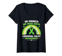 Women's in March We Wear Green CP Awareness Boho Rainbow V-Neck T-Shirt
