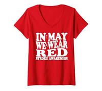 Womens In May We Wear Red Stroke Awareness Month Groovy V-Neck T-Shirt