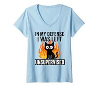 Womens in My Defense I was Left Unsupervised Black Cat Sarcastic V-Neck T-Shirt