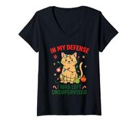 Womens in My Defense Left Unsupervised Cat Christmas Lights V-Neck T-Shirt