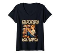 Womens in My Dream World Books are Free Chocolate is Healthy Funny V-Neck T-Shirt