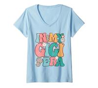 Womens In My Gigi Era Groovy Happy Face New Grandma Est. 2024 V-Neck T-Shirt