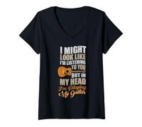 Women's in My Head I'm Playing A Guitar Funny Guitarist Guitar V-Neck T-Shirt