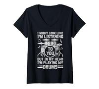 Womens in My Head I'm Playing My Drums Funny Drummer Drumming Gifts V-Neck T-Shirt