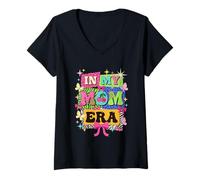 Women's in My Mom Era Retro Collage Leopard Cherry Coquette Bow V-Neck T-Shirt