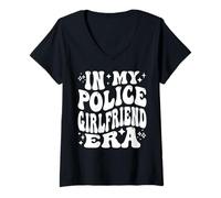 Womens in My Police Girlfriend Era Funny Cop Wife Life V-Neck T-Shirt