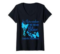 Womens in November We Wear Blue Butterflies Diabetes Awareness V-Neck T-Shirt