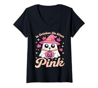 Womens in October We Wear Pink Breast Cancer Awareness Witch Ghost V-Neck T-Shirt