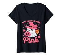 Womens in October We Wear Pink Breast Cancer Awareness Witch Ghost V-Neck T-Shirt