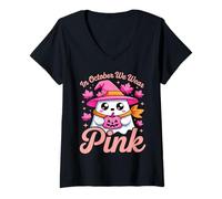 Womens in October We Wear Pink Breast Cancer Awareness Witch Ghost V-Neck T-Shirt