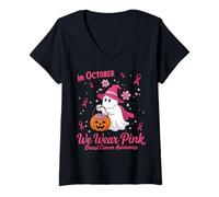 Womens in October We Wear Pink Breast Cancer Ghost Halloween V-Neck T-Shirt