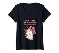 Womens in October We Wear Pink Ghost Breast Cancer Awareness V-Neck T-Shirt