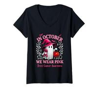 Womens in October We Wear Pink Ghost Breast Cancer Awareness V-Neck T-Shirt