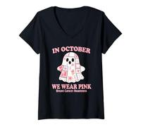 Womens in October We Wear Pink Ribbon and Patchwork Ghost Awareness V-Neck T-Shirt