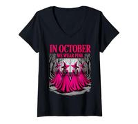 Womens in October We Wear Pink Witch Breast Cancer Awareness Fall V-Neck T-Shirt
